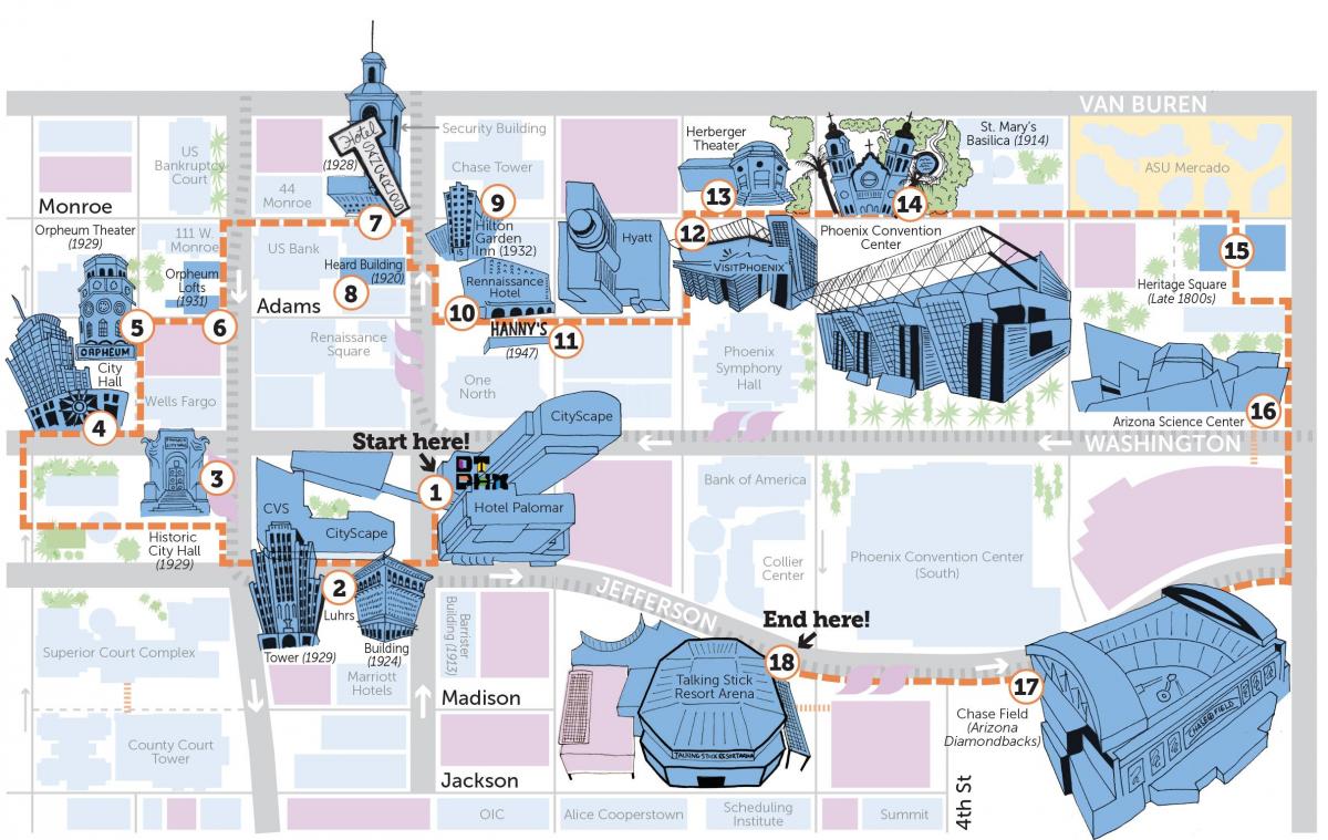 Mappa dei tour a piedi a Phoenix